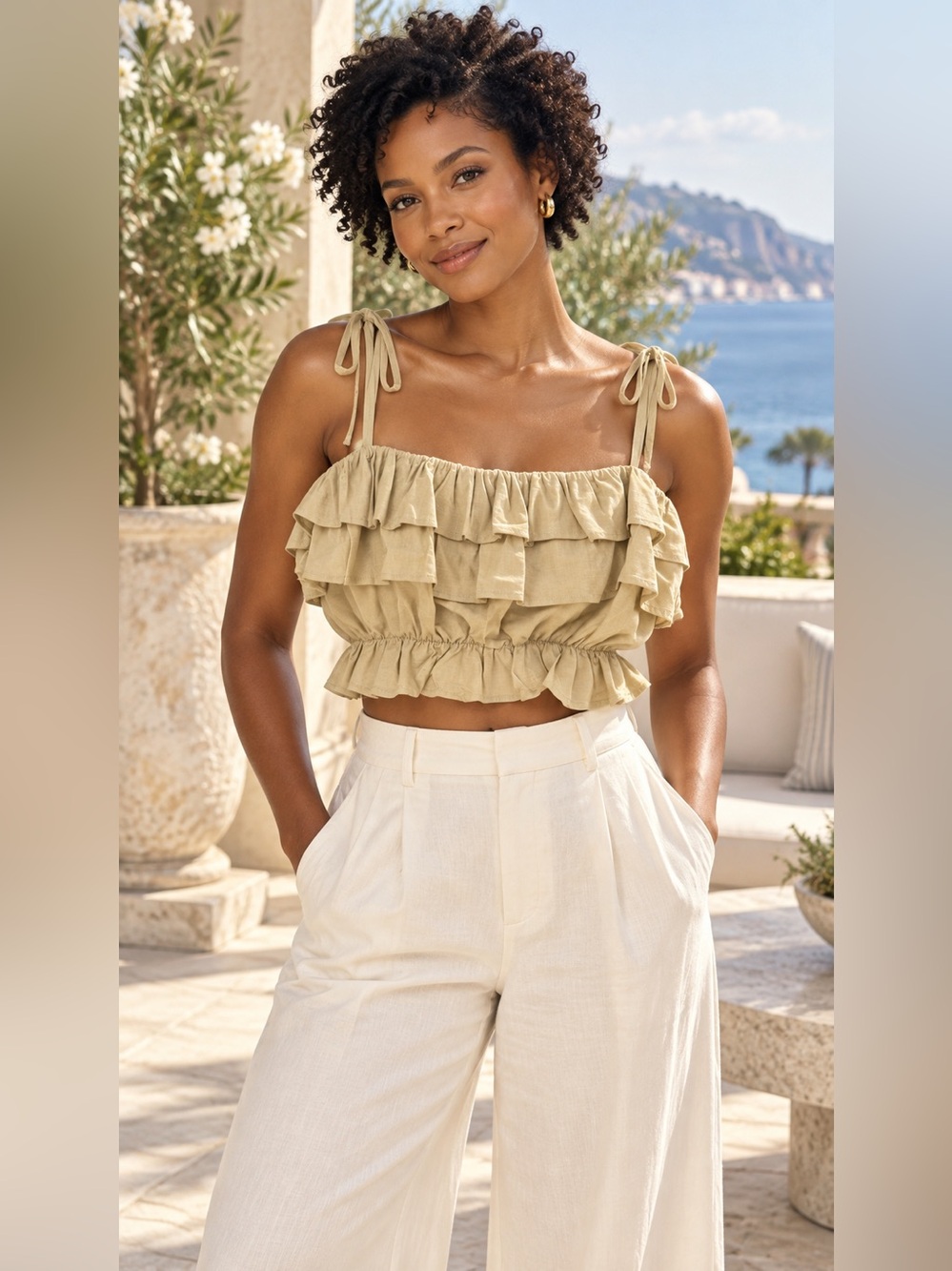 AQUA NWT Cotton Linen Ruffle Tie Strap Crop Top Cream M